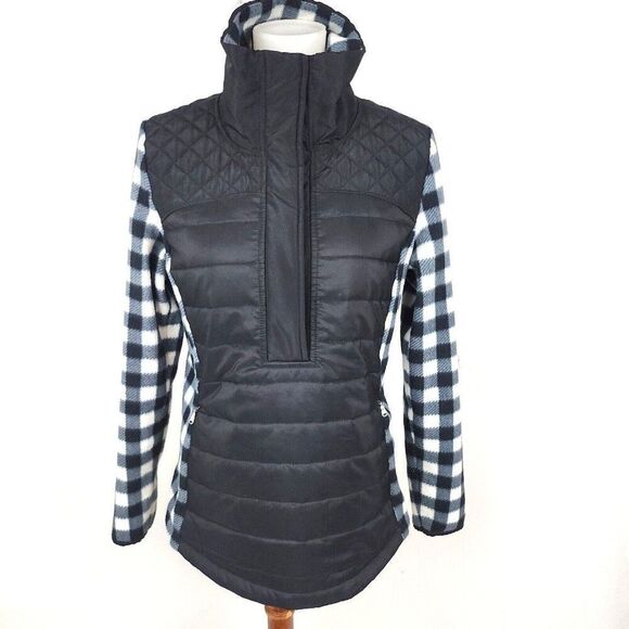 LRL Ralph Lauren Active Black White Plaid Fleece 3/4 Zip Pullover Womens M - Picture 1 of 8